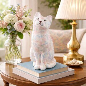 Floral Decoupage Cat Figurine Vintage Paper Mache Sculpture for Home Decor